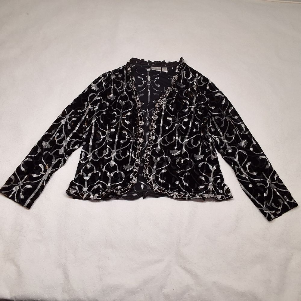 Chico's / Sweater & Jackets Rayon Silk Cardigan Black Silver & Gold Size 2 .